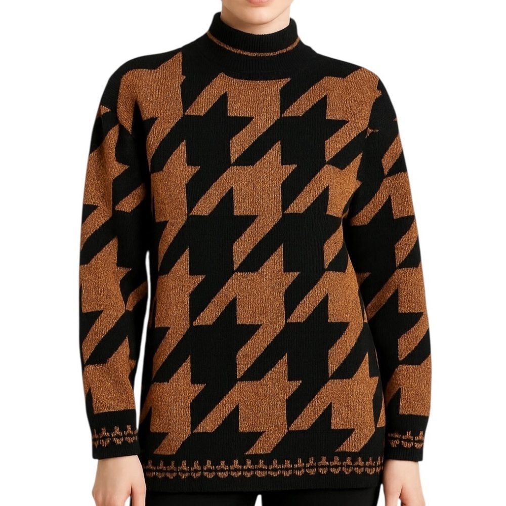 Vintage 80s Dana Scott Metallic Copper Black Abstract Houndstooth Sweater M